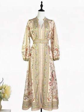 Designer-style Bohemian Floral Maxi Dress in Cream and Sage